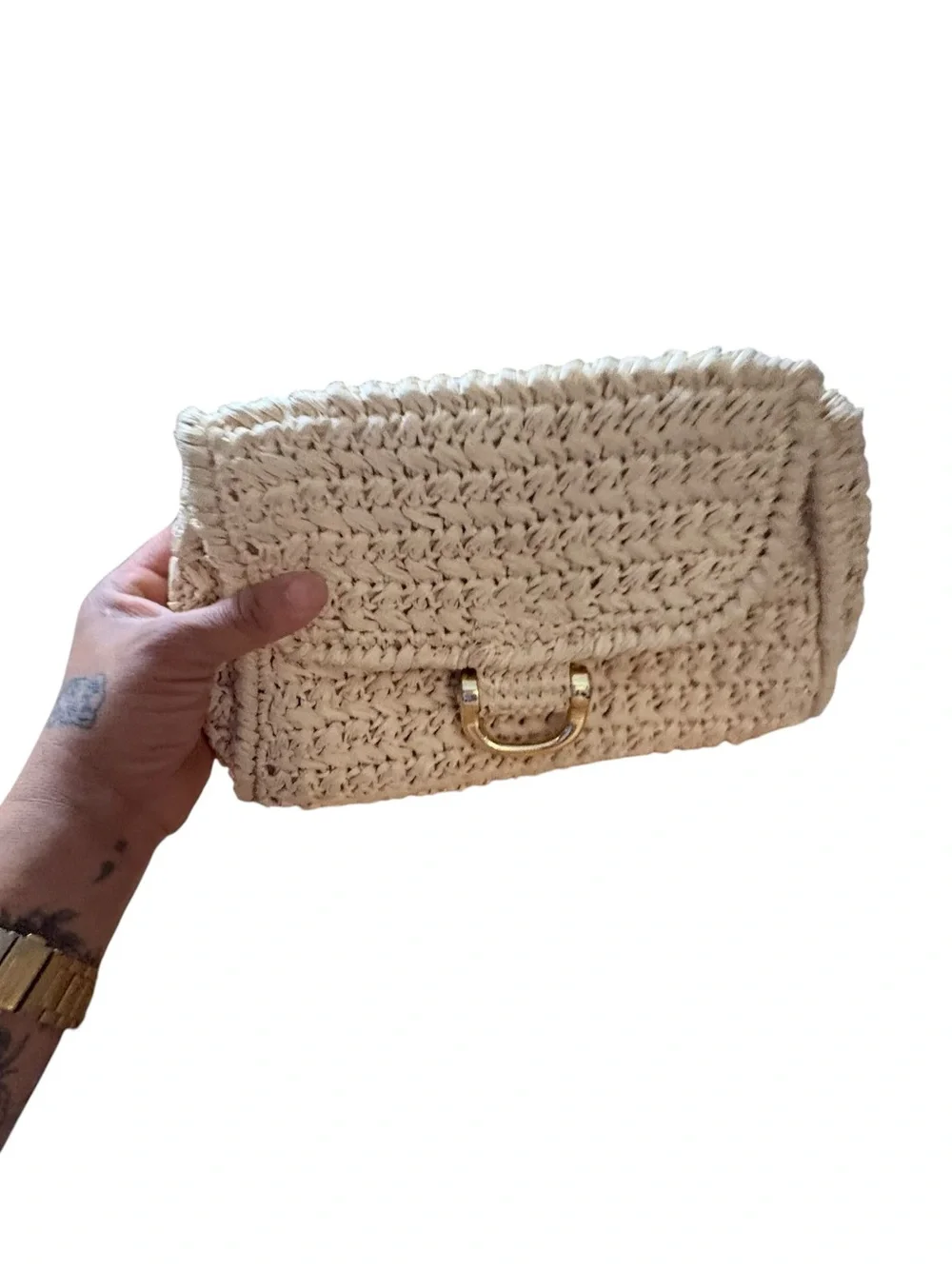 Dorette Vintage Made in Japan Woven Straw Clutch Bag with Gold D-Ring Closure